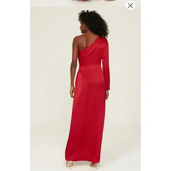 ML MONIQUE LHUILLIER Red Drapey One Shoulder Thigh Grazing Slit Gown size 4